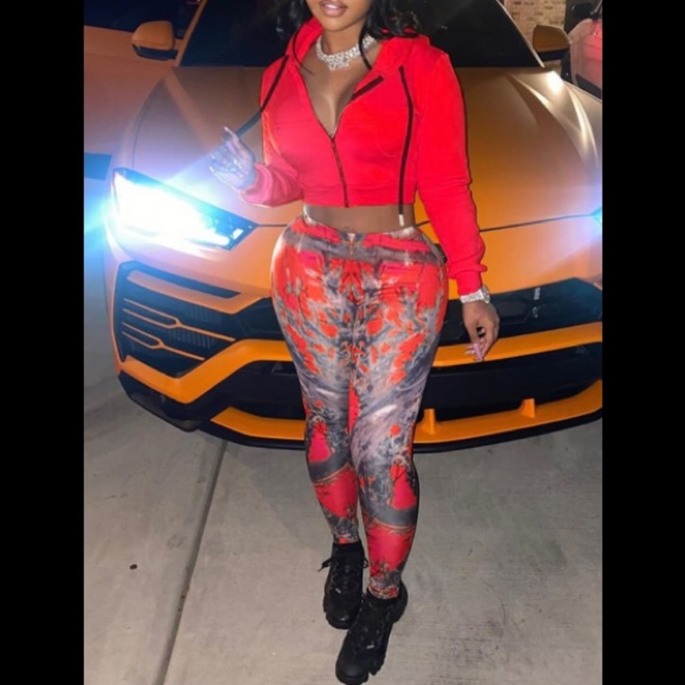 Red Zip Up Hoodie Crop Coat W/ Red Camouflage Pants Outfit  ❌ 1 LEFT ❌